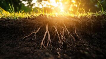 Sunlight Illuminating Tree Roots in Soil photo