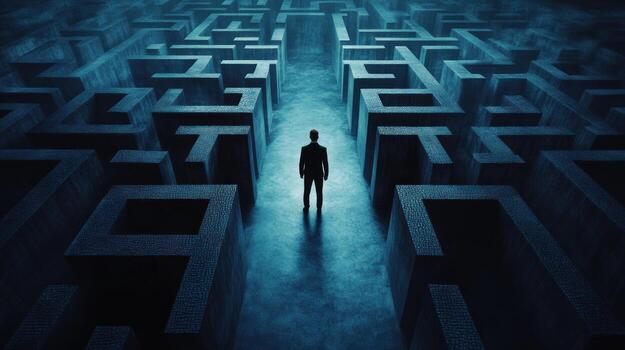 A lone man in a suit standing in the center of a dark, intricate maze photo