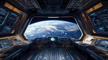 Spaceship Cockpit View of Earth with Digital Displays photo
