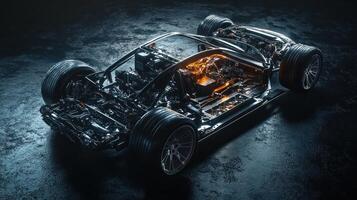 A Black Car Chassis with Visible Engine and Undercarriage photo