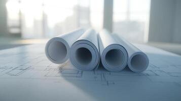 Rolled Architectural Plans on a Table photo