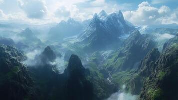 Misty Mountain Range with Snow-Capped Peaks and a Winding Stream photo