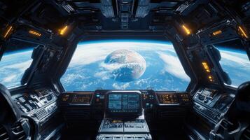 Spaceship Cockpit View of Earth from Orbit photo