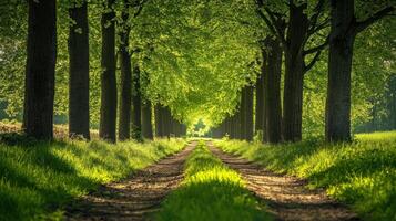 Sunlit Path Through Lush Green Tree Tunnel photo