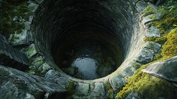 An Overhead View of a Stone Well with Water at the Bottom photo