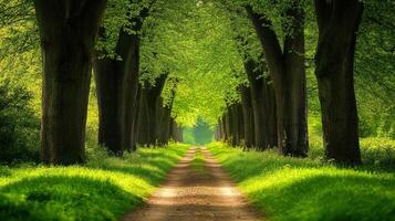 Sunlit Path Through a Lush Green Tree Tunnel photo