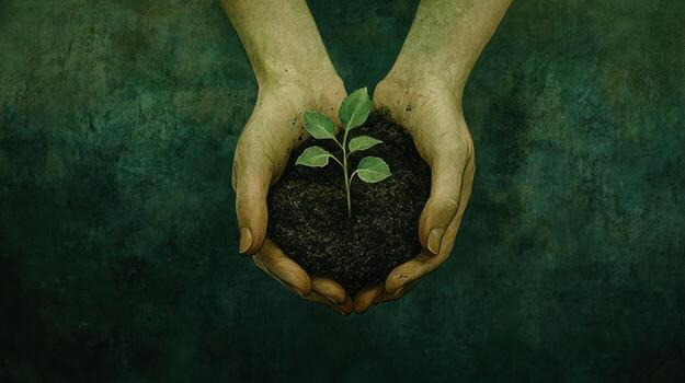 Hands Cupping a Sprout Emerging from Dark Soil photo