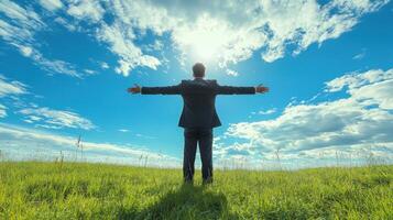 Man in Suit Standing in Field with Arms Outstretched Under a Blue Sky with White Clouds photo
