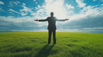 Man in a Suit Standing in a Field with Arms Outstretched photo
