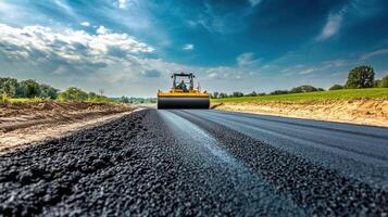 Construction Worker Operating a Roller on a Newly Paved Road photo