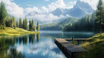 A Wooden Dock Extends Out Over a Calm Lake, Surrounded by Mountainous Forest photo