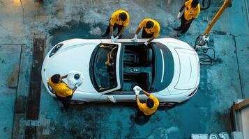 White Convertible Car Being Washed By Four Men photo