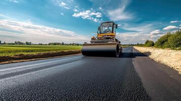 Road Construction with a Yellow Roller photo