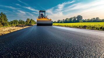 Road Construction with Yellow Roller and Fresh Asphalt photo