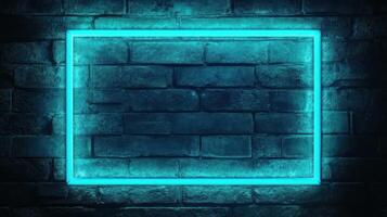 Glowing Cyan Neon Square Frame on a Brick Wall photo