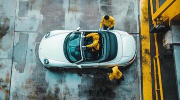 White Convertible Car Being Inspected by Workers photo