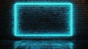 Glowing Cyan Neon Frame on a Brick Wall. photo