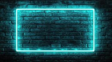 Glowing Cyan Neon Frame on a Brick Wall photo