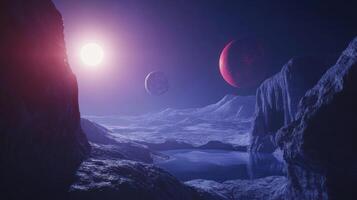 A Purple Sky, Two Moons, and a Distant Lake on a Desert Planet photo
