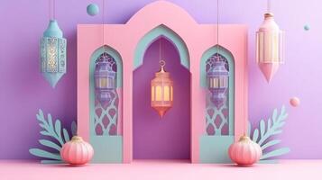 Ramadan Lanterns and Decorative Elements Against a Pastel Background photo