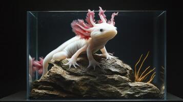 Albino Axolotl on Rock in Glass Tank photo