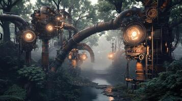 Glowing Mechanical Structures in a Misty Forest photo