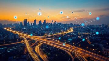 Connected Cityscape with Networked Data Points at Twilight photo