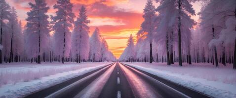 Empty infrared asphalt road leading through snowy trees at sunset photo