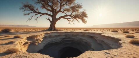 A tree is in the middle of a desert with a large hole in the ground photo