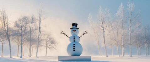Frosty podium surrounded by snowy trees with a winter wonderland vibe. photo