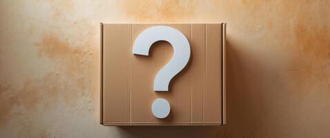 Cardboard box featuring a prominent question mark representing possibilities and unknown opportunities on a textured background. photo
