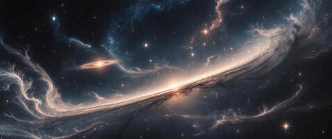 Celestial wonders unfold as a distant planet shines amid the cosmic tapestry of dark space and swirling galaxies photo