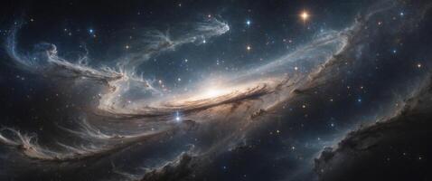 Celestial wonders unfold as a distant planet shines amid the cosmic tapestry of dark space and swirling galaxies. photo
