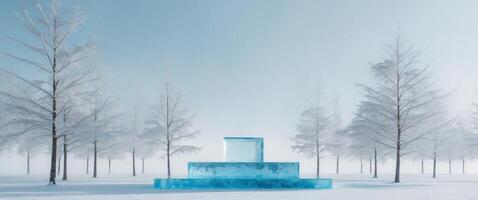 Ice podium surrounded by snowy pine trees in a serene winter setting. photo