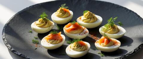 Delicious smoked salmon and herb deviled eggs on a rustic black slate plate photo