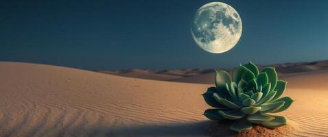 Tranquil desert scene with lone succulent under crescent moon. photo