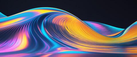 Abstract fluid iridescent holographic curved wave in motion colorful gradient design on black background. photo
