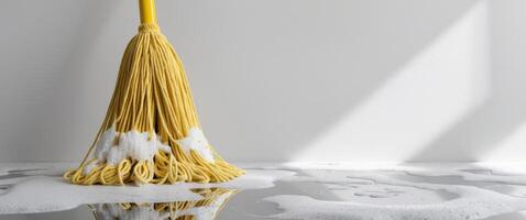 Yellow string mop cleaning a wet floor with soap suds reflecting on the surface. photo