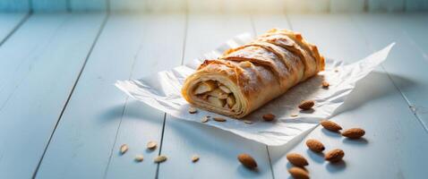 homemade apple and almond strudel on baking paper atop a light blue wooden background top view with copy space image place for adding text or design. photo