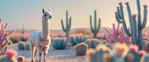 Llama standing among flowering cacti in the desert at golden hour photo