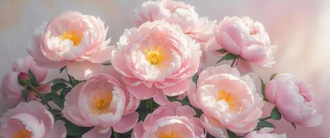 Lush pink peony flowers with delicate petals and bright yellow centers arranged beautifully on a pastel background. photo
