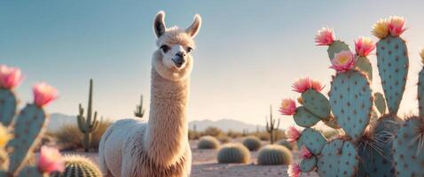 Llama standing among flowering cacti in the desert at golden hour. photo