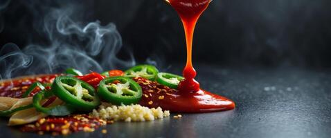 Rich Red Sauce Drizzling Over Spicy Ingredients on Black Stone Surface with Smoke and Texture photo