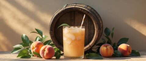 Refreshing peach drink in a rustic setting with fresh peaches and leaves during a sunny afternoon. photo