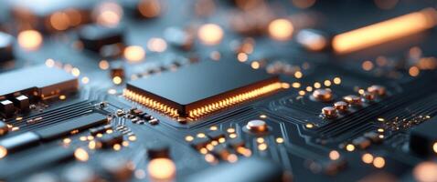 Close up view of a complex circuit board with illuminated components showcasing modern technology and design photo