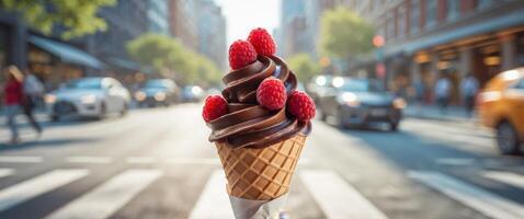 Delicious ice cream cone topped with raspberries and chocolate on a sunny day in a busy urban street. photo