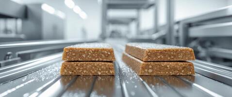 Two Freshly Cut Vegan Protein Bars Cooling on a Conveyor System in a Modern Food Facility. photo
