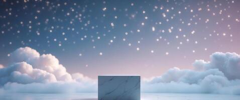 Marble podium with clouds and sparkling stars in a cosmic setting. photo