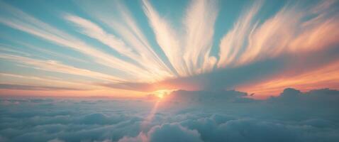 Majestic Sunset Over Clouds with Rays of Light Piercing Through the Atmospheric Drama of Evening Dusk in a Tranquil Sky. photo
