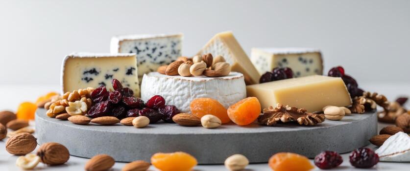 delicioso queso tablero con nueces y seco frutas foto